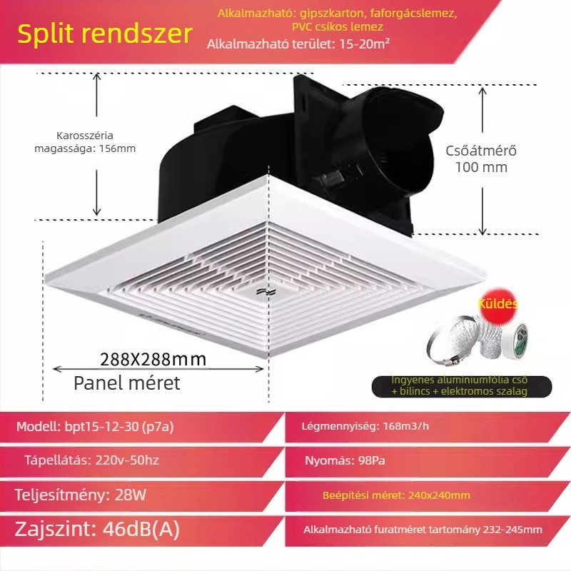 Jinling mennyezeti szellőző ventilátor gipszkartonos mennyezethez, 30x30 cm, fürdőszoba és WC szellőztetés