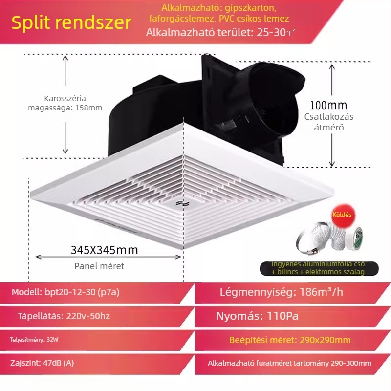Jinling mennyezeti szellőző ventilátor gipszkartonos mennyezethez, 30x30 cm, fürdőszoba és WC szellőztetés