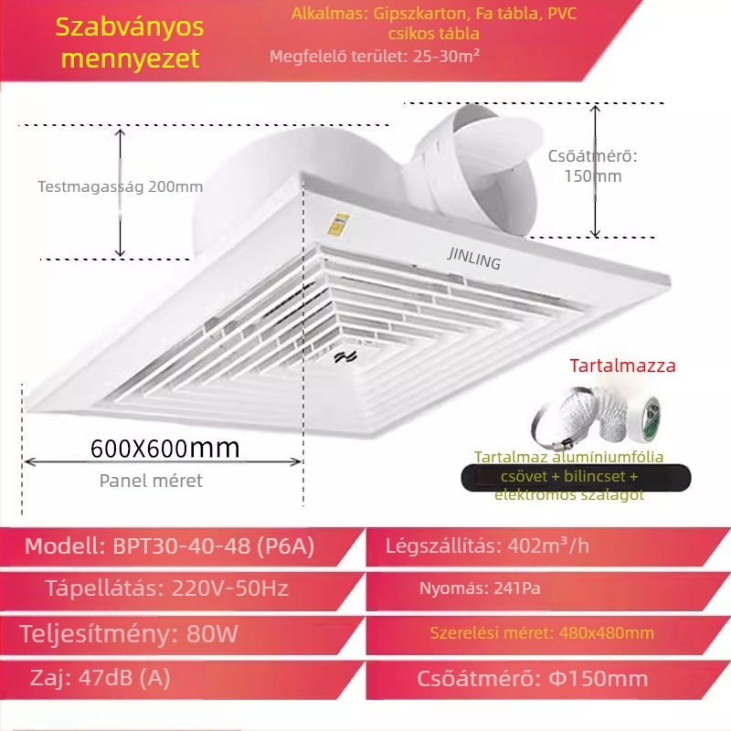 Jinling mennyezeti szellőző ventilátor gipszkartonos mennyezethez, 30x30 cm, fürdőszoba és WC szellőztetés