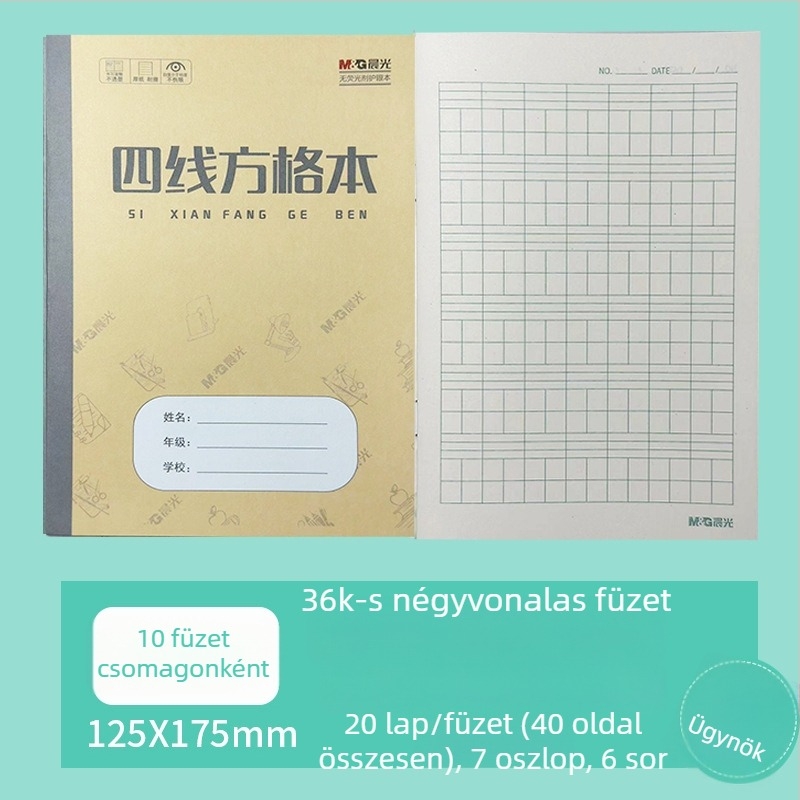 Diákgyakorló füzet négy vonalas négyzethálós mintával, angol gyakorlás, aritmetika és szókincs