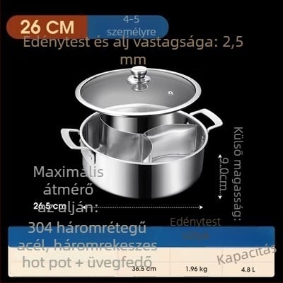304 rozsdamentes acélból készült háromrétegű hot pot három rekeszes és három ízes, élelmiszer-minőségű extra vastag test, nagy kapacitású 6,1–10 liter, alkalmas különféle tűzhelyekhez, indukciós tűzhelyet is beleértve