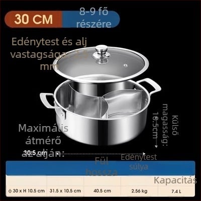 304 rozsdamentes acélból készült háromrétegű hot pot három rekeszes és három ízes, élelmiszer-minőségű extra vastag test, nagy kapacitású 6,1–10 liter, alkalmas különféle tűzhelyekhez, indukciós tűzhelyet is beleértve
