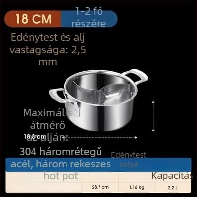 304 rozsdamentes acélból készült háromrétegű hot pot három rekeszes és három ízes, élelmiszer-minőségű extra vastag test, nagy kapacitású 6,1–10 liter, alkalmas különféle tűzhelyekhez, indukciós tűzhelyet is beleértve