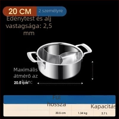 304 rozsdamentes acélból készült háromrétegű hot pot három rekeszes és három ízes, élelmiszer-minőségű extra vastag test, nagy kapacitású 6,1–10 liter, alkalmas különféle tűzhelyekhez, indukciós tűzhelyet is beleértve