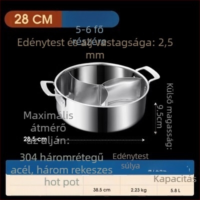 304 rozsdamentes acélból készült háromrétegű hot pot három rekeszes és három ízes, élelmiszer-minőségű extra vastag test, nagy kapacitású 6,1–10 liter, alkalmas különféle tűzhelyekhez, indukciós tűzhelyet is beleértve