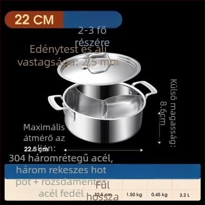 304 rozsdamentes acélból készült háromrétegű hot pot három rekeszes és három ízes, élelmiszer-minőségű extra vastag test, nagy kapacitású 6,1–10 liter, alkalmas különféle tűzhelyekhez, indukciós tűzhelyet is beleértve