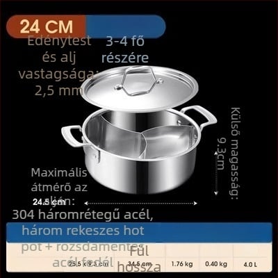 304 rozsdamentes acélból készült háromrétegű hot pot három rekeszes és három ízes, élelmiszer-minőségű extra vastag test, nagy kapacitású 6,1–10 liter, alkalmas különféle tűzhelyekhez, indukciós tűzhelyet is beleértve