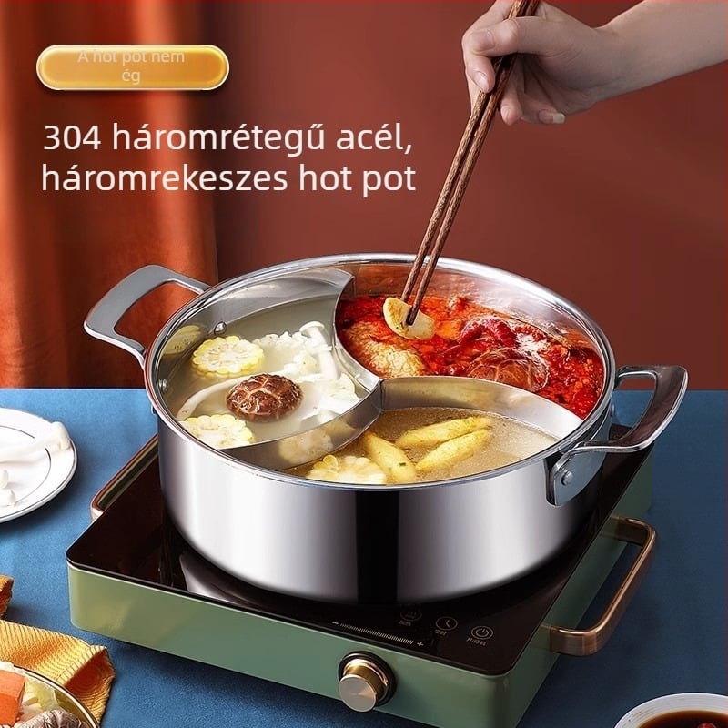 304 rozsdamentes acélból készült háromrétegű hot pot három rekeszes és három ízes, élelmiszer-minőségű extra vastag test, nagy kapacitású 6,1–10 liter, alkalmas különféle tűzhelyekhez, indukciós tűzhelyet is beleértve