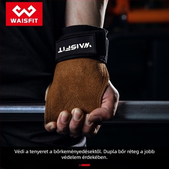 Bőr fitness kesztyű tenyérvédővel húzódzkodásokhoz, csuklótámaszhoz és felhúzás szíjjal