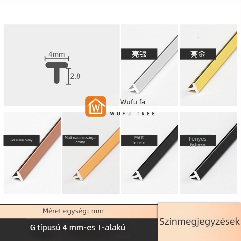 T alakú alumínium ötvözet élprofil szekrényekhez, beágyazott fém T-sáv, dekoratív szegélyvonal
