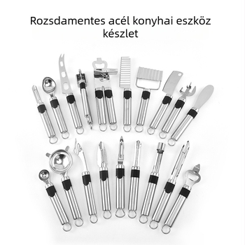 Rozsdamentes acélból készült kompakt konyhai eszközkészlet: többfunkciós konzervnyitó, gyümölcs- és dinnyahámlasztó, hal pikkely eltávolító eszköz