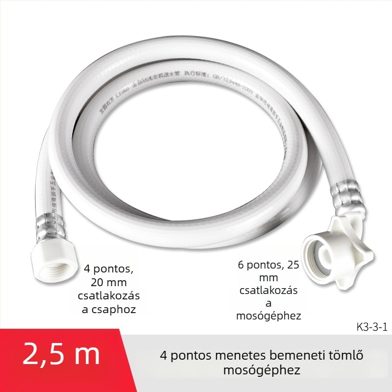 Hongying univerzális mosógép vízbevezető tömlő, 4‑pontos menet, PVC hosszabbítócső