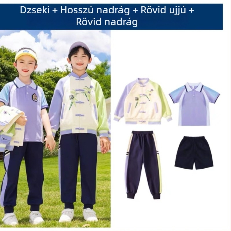 Gyerekek iskolai egyenruha készlet — pamut cipzáros kabát és nadrág, kínai Hanfu stílus