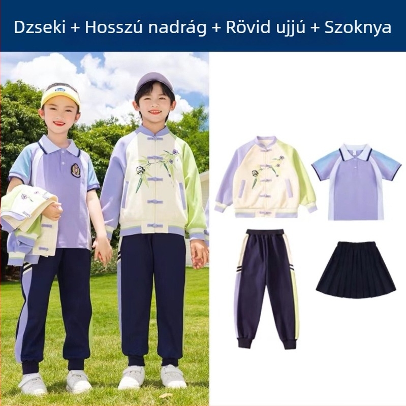 Gyerekek iskolai egyenruha készlet — pamut cipzáros kabát és nadrág, kínai Hanfu stílus