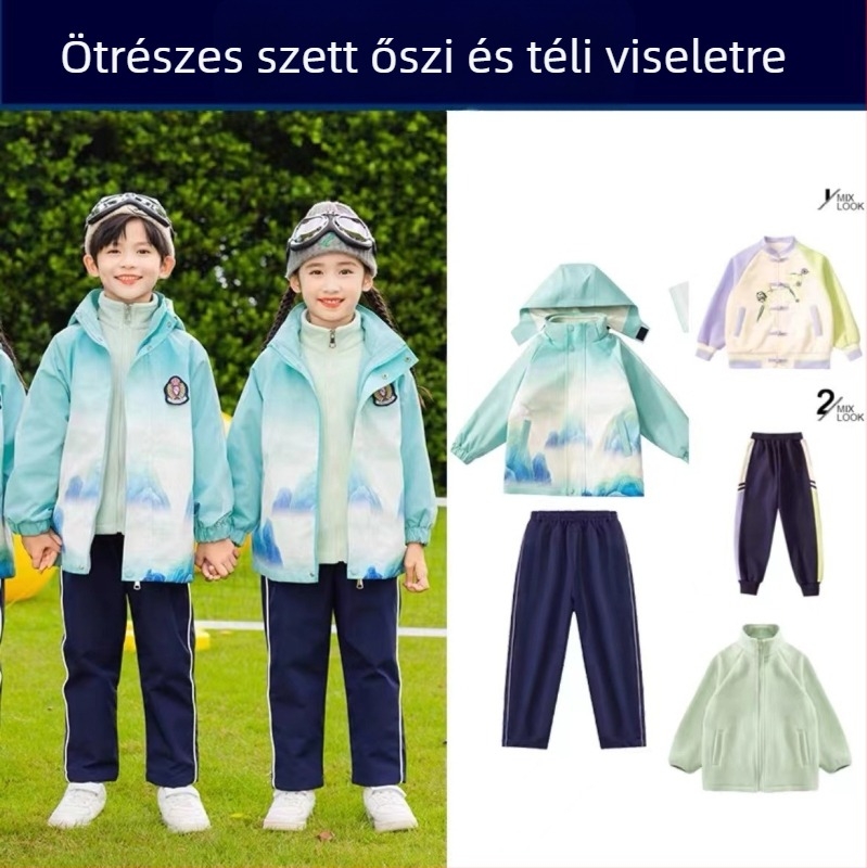 Gyerekek iskolai egyenruha készlet — pamut cipzáros kabát és nadrág, kínai Hanfu stílus