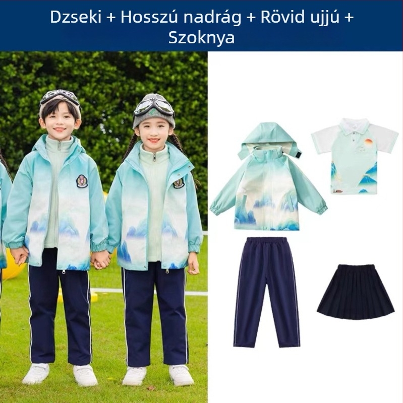 Gyerekek iskolai egyenruha készlet — pamut cipzáros kabát és nadrág, kínai Hanfu stílus
