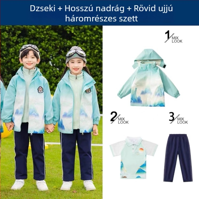 Gyerekek iskolai egyenruha készlet — pamut cipzáros kabát és nadrág, kínai Hanfu stílus