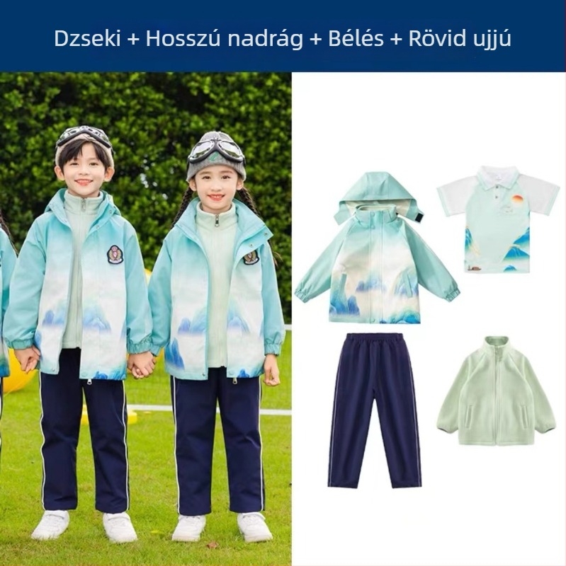 Gyerekek iskolai egyenruha készlet — pamut cipzáros kabát és nadrág, kínai Hanfu stílus
