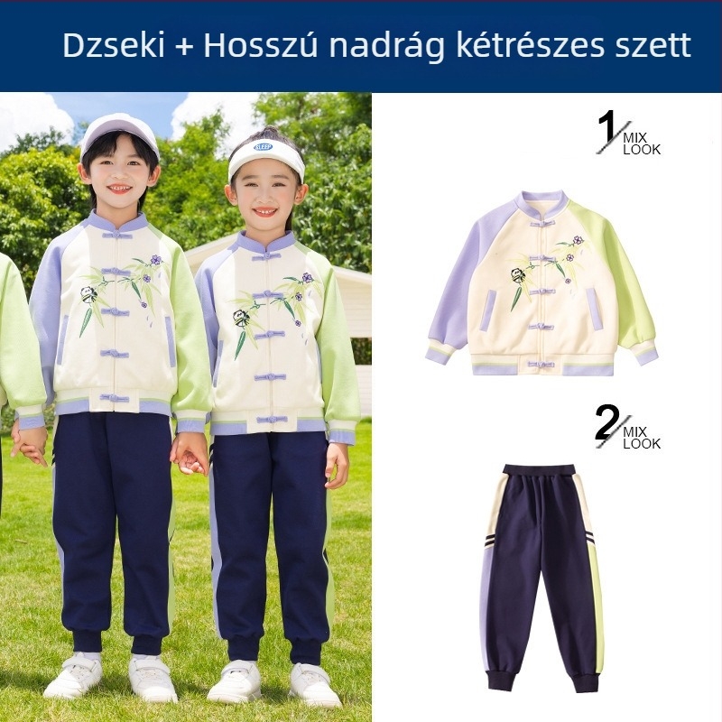 Gyerekek iskolai egyenruha készlet — pamut cipzáros kabát és nadrág, kínai Hanfu stílus