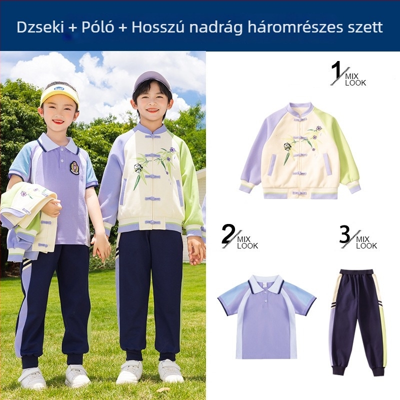 Gyerekek iskolai egyenruha készlet — pamut cipzáros kabát és nadrág, kínai Hanfu stílus