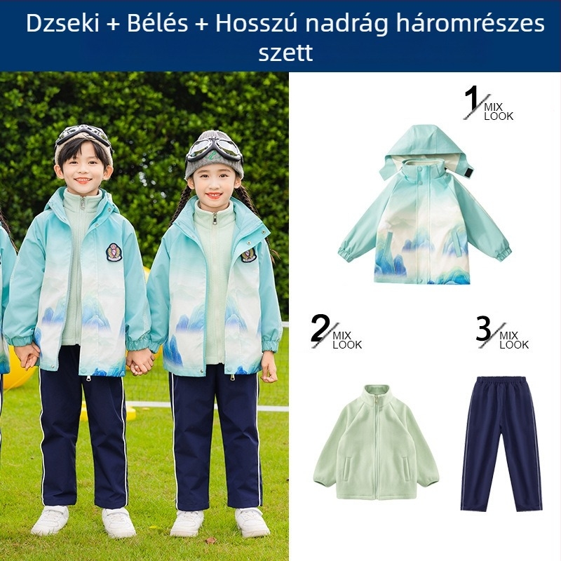 Gyerekek iskolai egyenruha készlet — pamut cipzáros kabát és nadrág, kínai Hanfu stílus