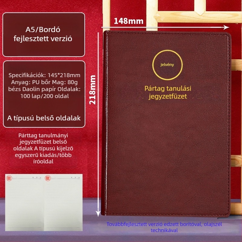 A5-ös méretű tanulófüzet párttagok számára, személyre szabott ajándékdobozzal és logóval, értekezlet-jegyzőkönyvek