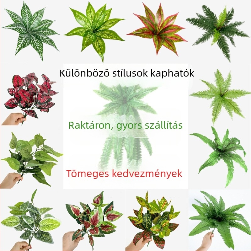 Műanyag zöld növények beltéri esküvői dekorációhoz, művirágok, páfrányok és kis virágcsokrok.