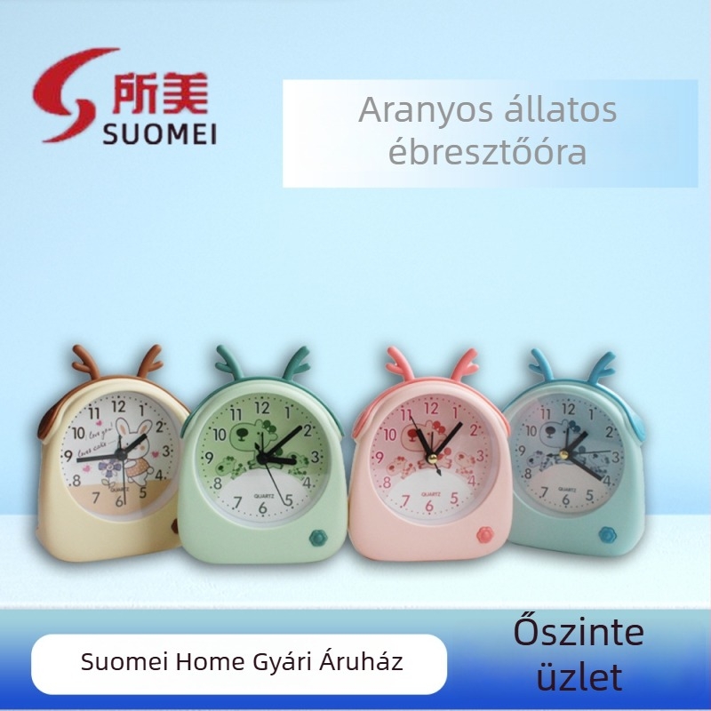 Karikatúra állat ébresztőóra szarvasagancsokkal, asztali óra gyerekeknek és diákoknak, színes dekoratív asztali óra