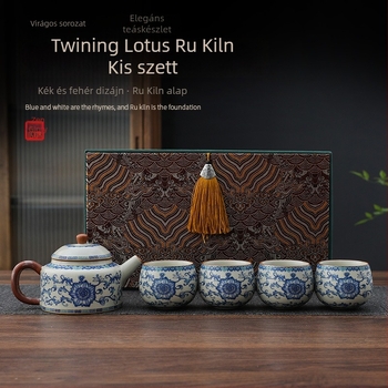 Ru Kiln kerámia teáskészlet lotus motívummal – 1 teáskanna és 2 csésze, díszdobozban