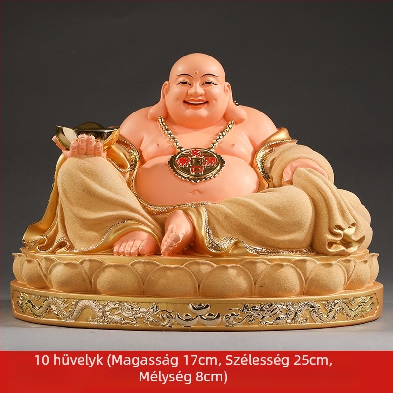 Maitreya Buddha szobor, piros ruhában, nagy pocakkal, mosolygó Buddha otthoni dekorációhoz, fa dobozban