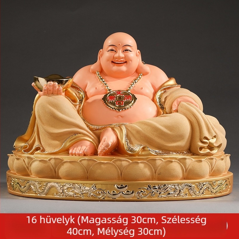 Maitreya Buddha szobor, piros ruhában, nagy pocakkal, mosolygó Buddha otthoni dekorációhoz, fa dobozban