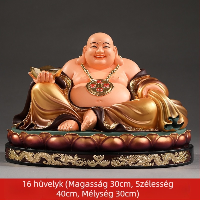 Maitreya Buddha szobor, piros ruhában, nagy pocakkal, mosolygó Buddha otthoni dekorációhoz, fa dobozban