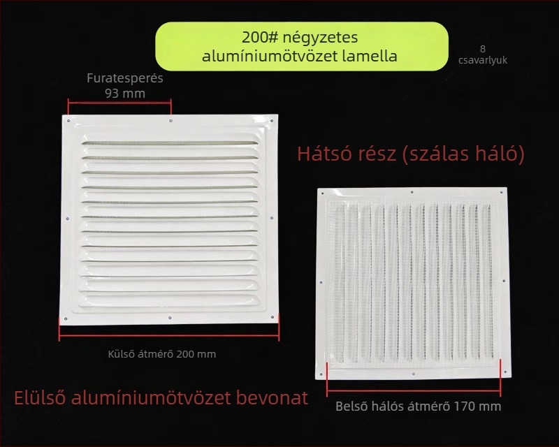 Alumínium ötvözetű lamellás ablakventiláció külső falra – esőálló és szúnyogmentes perforált hőleadó rács, védőfedél