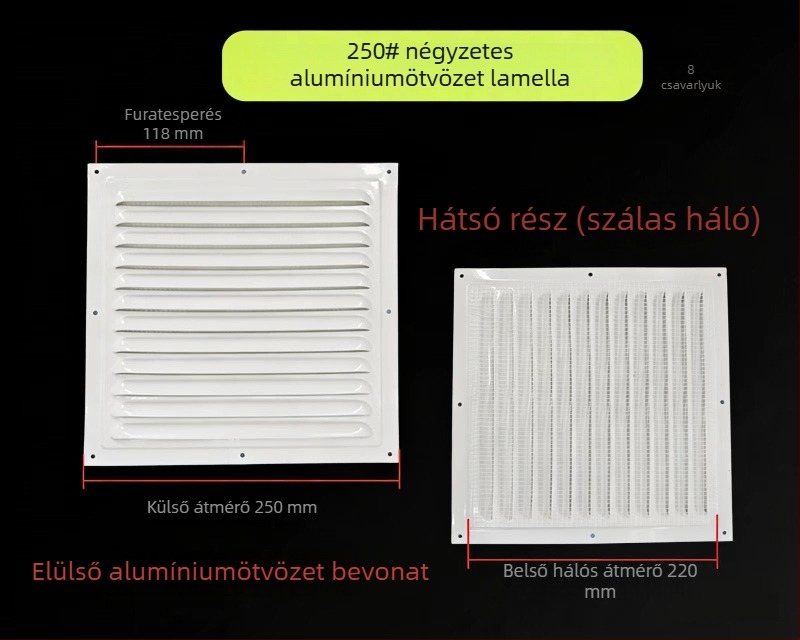 Alumínium ötvözetű lamellás ablakventiláció külső falra – esőálló és szúnyogmentes perforált hőleadó rács, védőfedél