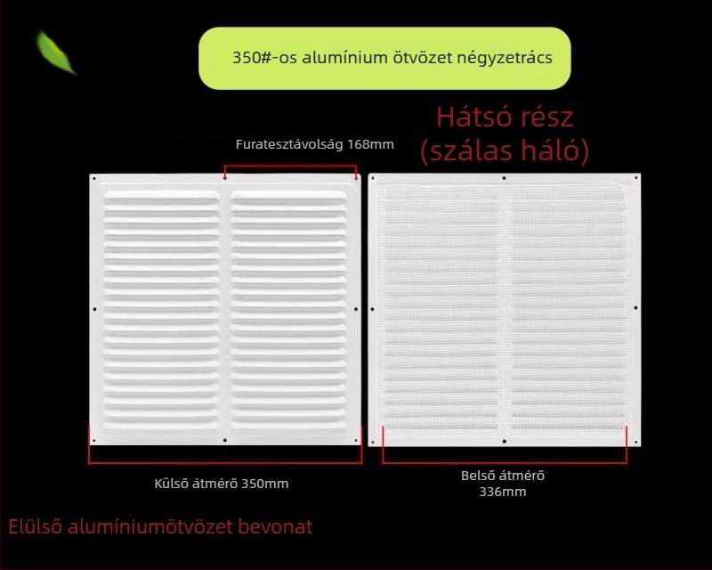 Alumínium ötvözetű lamellás ablakventiláció külső falra – esőálló és szúnyogmentes perforált hőleadó rács, védőfedél