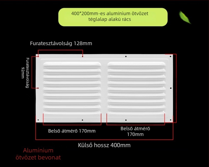 Alumínium ötvözetű lamellás ablakventiláció külső falra – esőálló és szúnyogmentes perforált hőleadó rács, védőfedél
