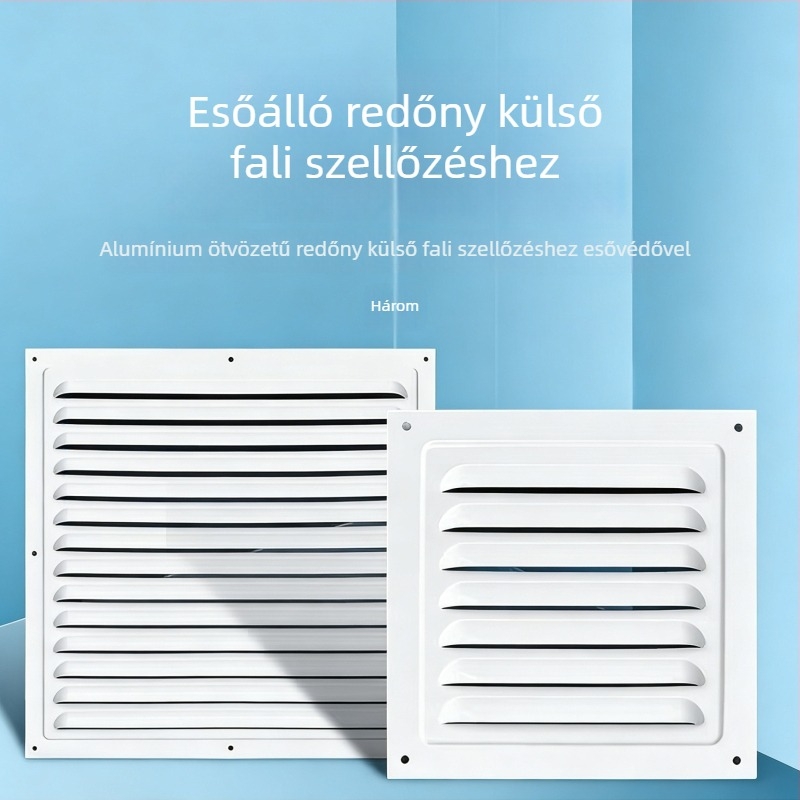 Alumínium ötvözetű lamellás ablakventiláció külső falra – esőálló és szúnyogmentes perforált hőleadó rács, védőfedél