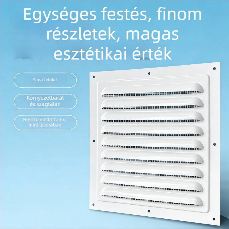 Alumínium ötvözetű lamellás ablakventiláció külső falra – esőálló és szúnyogmentes perforált hőleadó rács, védőfedél
