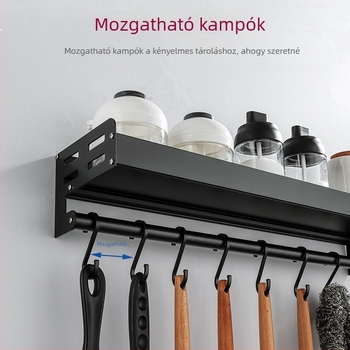 Konyhai falra szerelhető alumíniumpolc, lyukasztás nélküli szerelés, tartó fűszertartóval, kampókkal ellátott falra akasztható polc, leválasztható és mosható