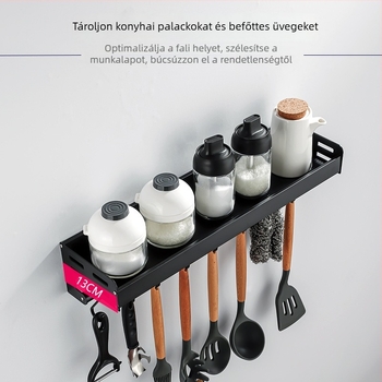 Konyhai falra szerelhető alumíniumpolc, lyukasztás nélküli szerelés, tartó fűszertartóval, kampókkal ellátott falra akasztható polc, leválasztható és mosható