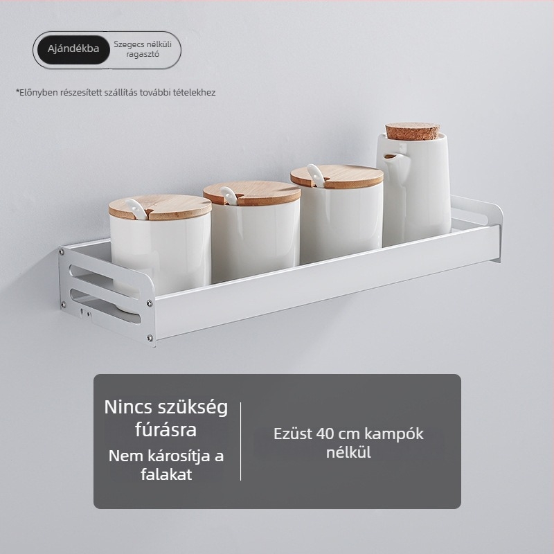 Konyhai falra szerelhető alumíniumpolc, lyukasztás nélküli szerelés, tartó fűszertartóval, kampókkal ellátott falra akasztható polc, leválasztható és mosható