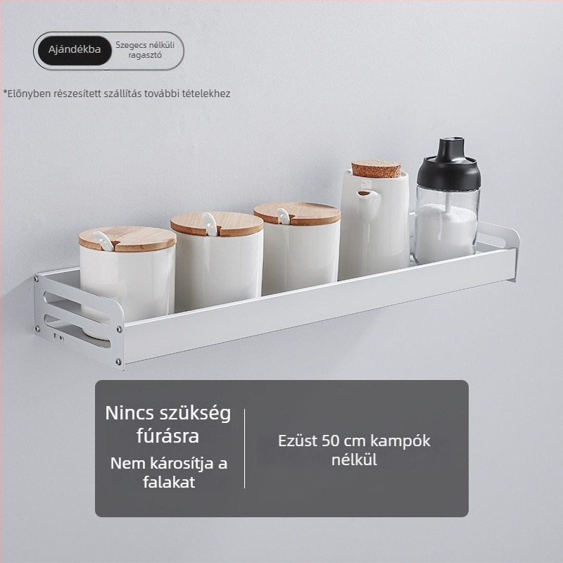 Konyhai falra szerelhető alumíniumpolc, lyukasztás nélküli szerelés, tartó fűszertartóval, kampókkal ellátott falra akasztható polc, leválasztható és mosható