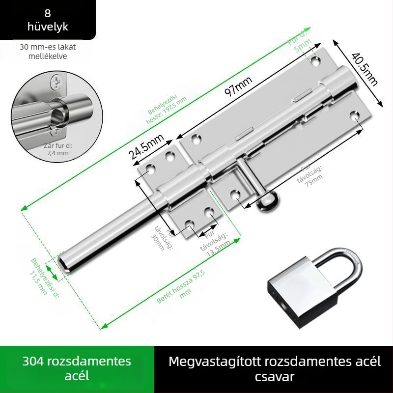 Fúrás nélküli rozsdamentes acél ajtózár fa ajtókhoz, felületre szerelhető, hagyományos stílus