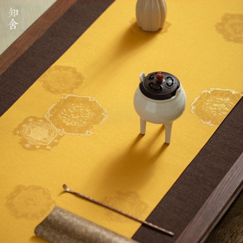 Zhishe brokát teás készlet Chang’an krizantéma mintával, arany szálas jacquard, kínai retro textil, teás asztal futó és asztalterítő