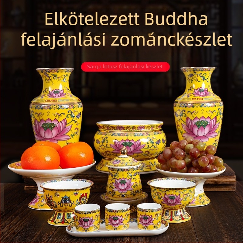 Guoshun zománcos sárga készlet: lótusz víz pohár, Szent Grál, Buddha előtti gyümölcs felajánlási tál, gyümölcs adománytál, tömjénégő