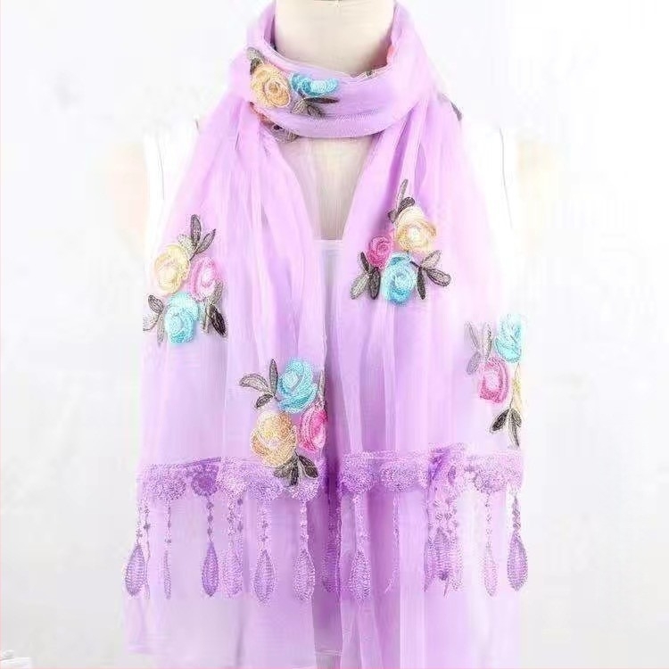 Moon női chiffon sál, koreai stílus, hímzett virágos csipke, egyszínű, 38×170 cm, egész éves viseletre