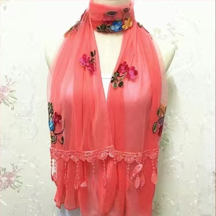 Moon női chiffon sál, koreai stílus, hímzett virágos csipke, egyszínű, 38×170 cm, egész éves viseletre