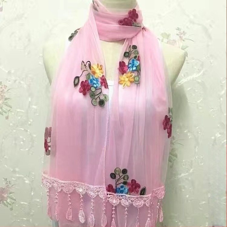 Moon női chiffon sál, koreai stílus, hímzett virágos csipke, egyszínű, 38×170 cm, egész éves viseletre