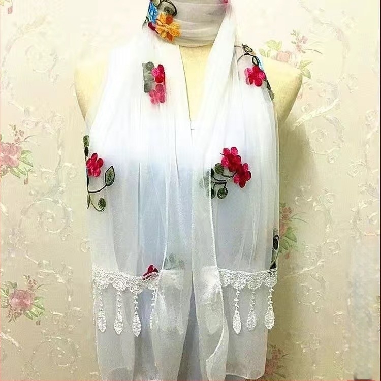 Moon női chiffon sál, koreai stílus, hímzett virágos csipke, egyszínű, 38×170 cm, egész éves viseletre