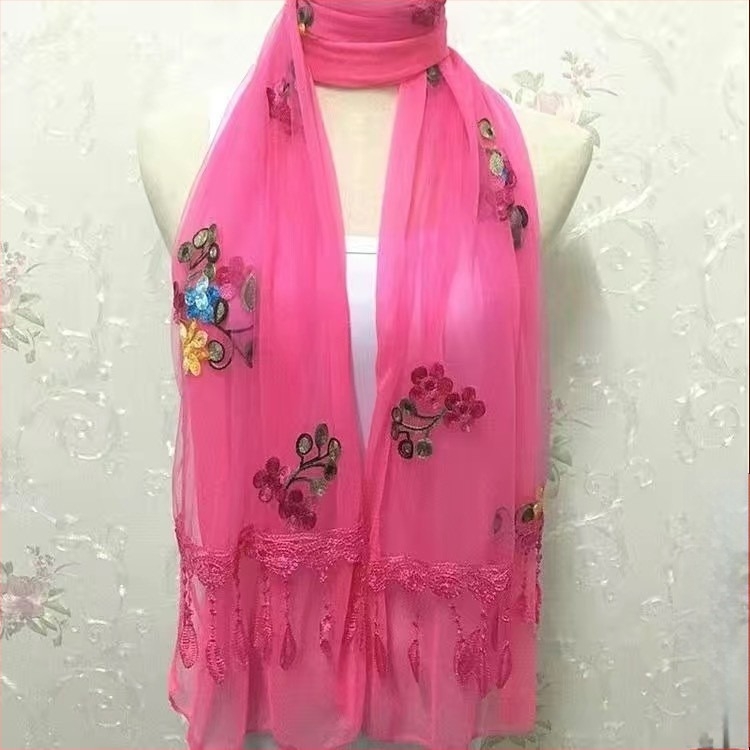 Moon női chiffon sál, koreai stílus, hímzett virágos csipke, egyszínű, 38×170 cm, egész éves viseletre